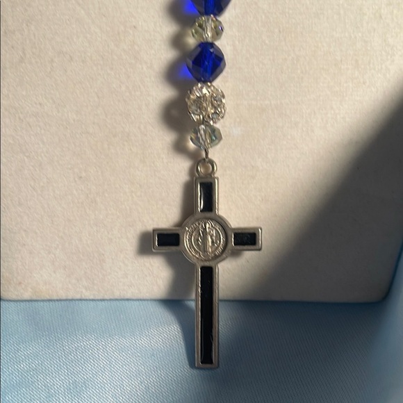 Blue and Silver Rosary Necklace with Cross Pendant - Picture 2 of 5